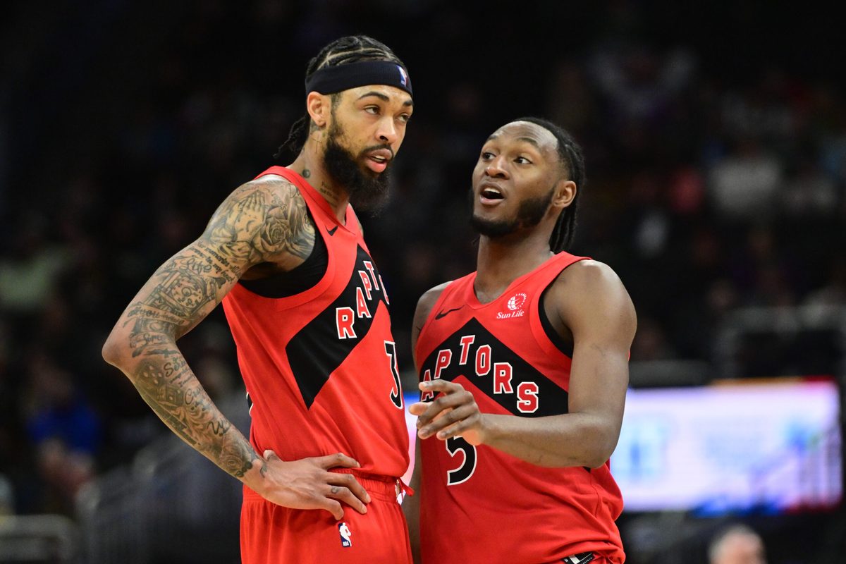 Feb 22, 2026; Milwaukee, Wisconsin, USA; Toronto Raptors guard Immanuel Quickley (5) talks to forward Brandon Ingram (3) in the second quarter against the Milwaukee Bucks at Fiserv Forum. Mandatory Credit: Benny Sieu-Imagn Images