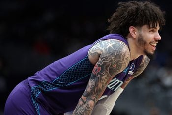 Feb 22, 2026; Washington, District of Columbia, USA; Charlotte Hornets guard LaMelo Ball (1) looks on during the first half against the Washington Wizards at Capital One Arena. Mandatory Credit: Daniel Kucin Jr.-Imagn Images