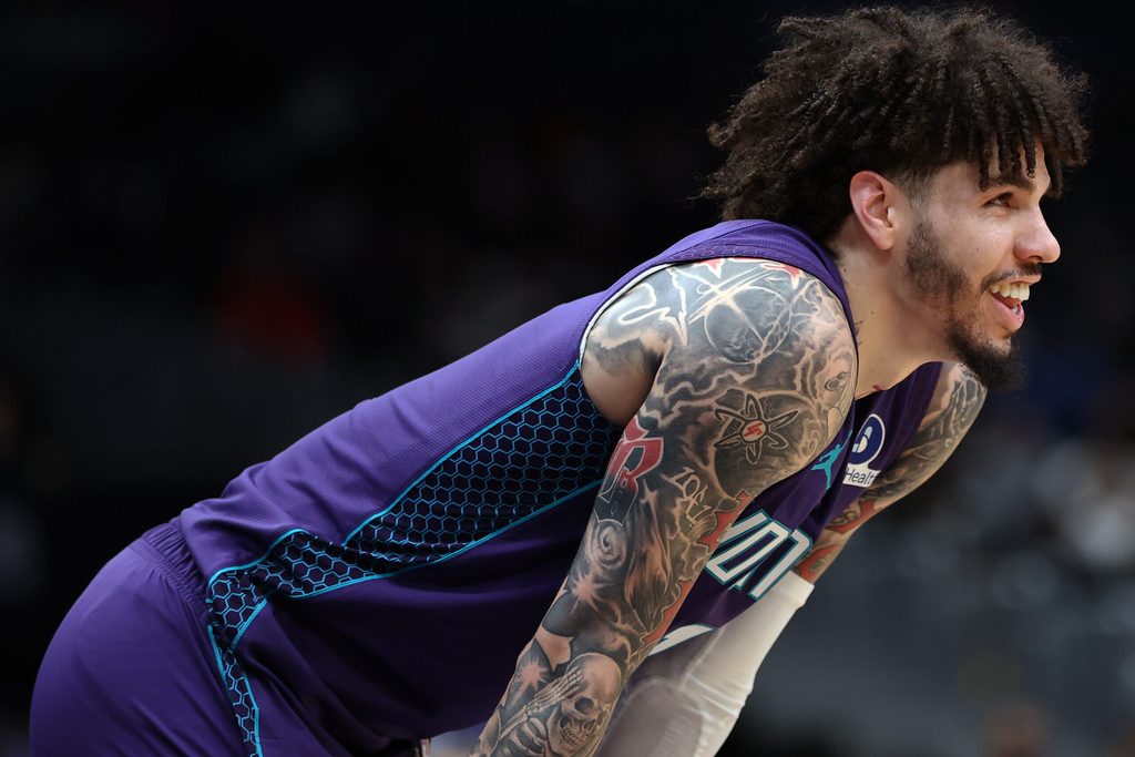 Feb 22, 2026; Washington, District of Columbia, USA; Charlotte Hornets guard LaMelo Ball (1) looks on during the first half against the Washington Wizards at Capital One Arena. Mandatory Credit: Daniel Kucin Jr.-Imagn Images