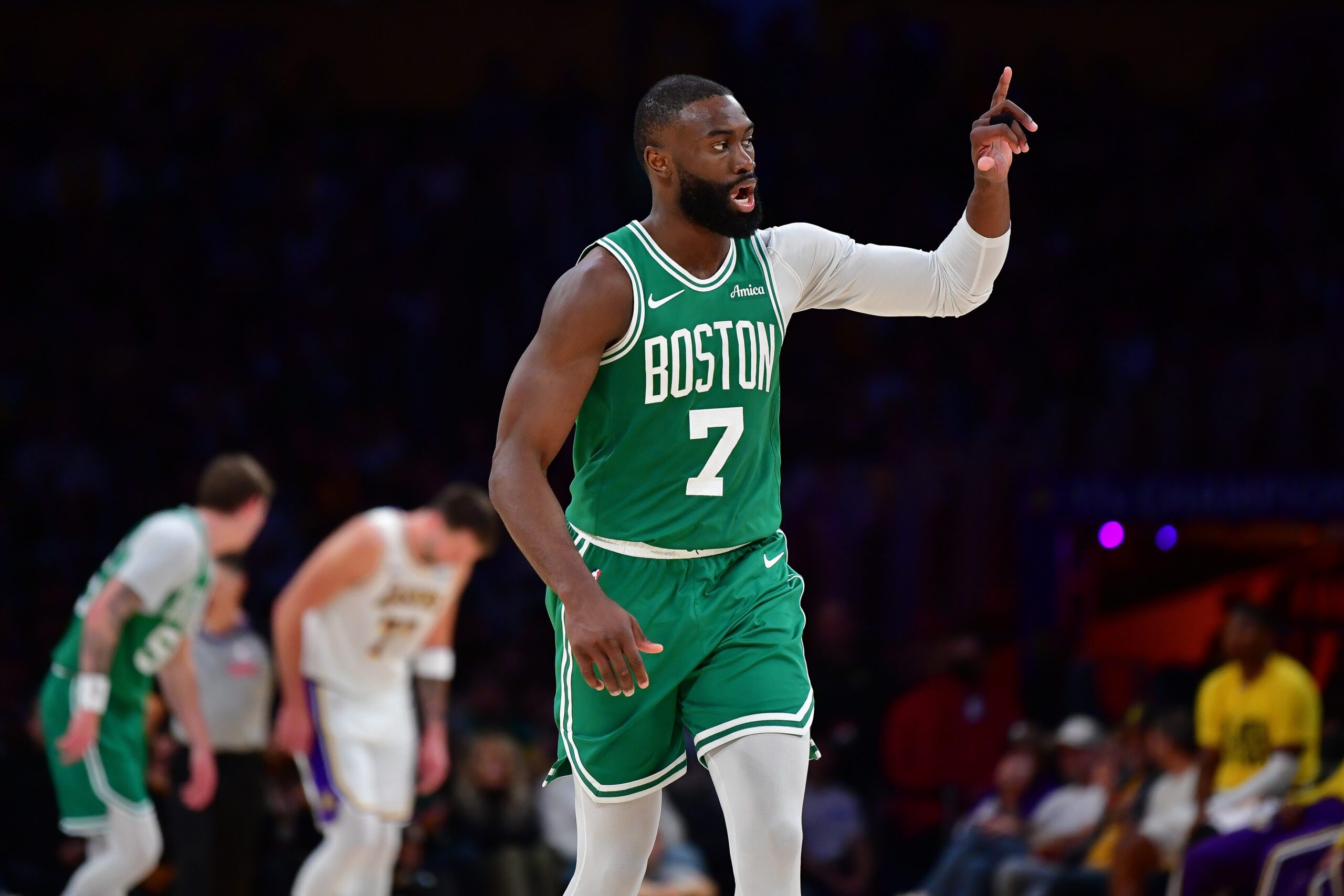 Feb 22, 2026; Los Angeles, California, USA; Boston Celtics guard Jaylen Brown (7) reacts after scoring three point basket against the Los Angeles Lakers during the second half at Crypto.com Arena. Mandatory Credit: Gary A. Vasquez-Imagn Images