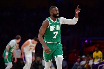 Feb 22, 2026; Los Angeles, California, USA; Boston Celtics guard Jaylen Brown (7) reacts after scoring three point basket against the Los Angeles Lakers during the second half at Crypto.com Arena. Mandatory Credit: Gary A. Vasquez-Imagn Images