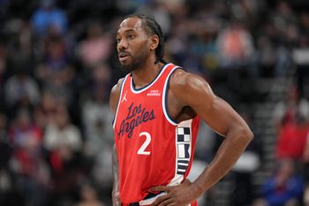 Feb 22, 2026; Inglewood, California, USA; LA Clippers forward Kawhi Leonard (2) reacts against the Orlando Magic in the second half at Intuit Dome. Mandatory Credit: Kirby Lee-Imagn Images