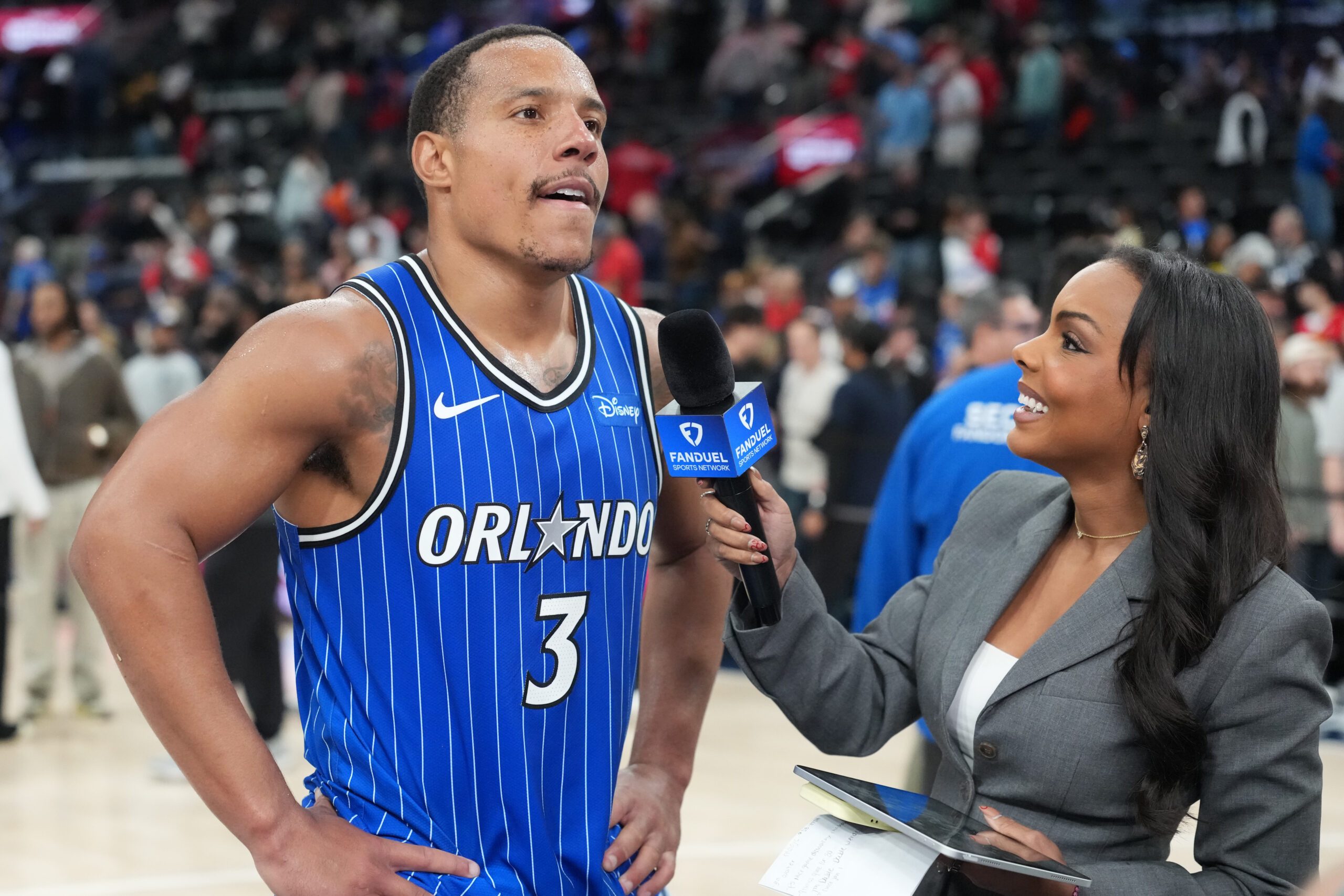 Feb 22, 2026; Inglewood, California, USA; Orlando Magic guard Desmond Bane (3) is interviewed by FanDuel Sports Network reporter Kendra Douglas after the game against the LA Clippers at Intuit Dome. Mandatory Credit: Kirby Lee-Imagn Images