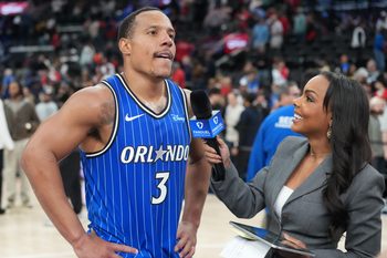 Feb 22, 2026; Inglewood, California, USA; Orlando Magic guard Desmond Bane (3) is interviewed by FanDuel Sports Network reporter Kendra Douglas after the game against the LA Clippers at Intuit Dome. Mandatory Credit: Kirby Lee-Imagn Images