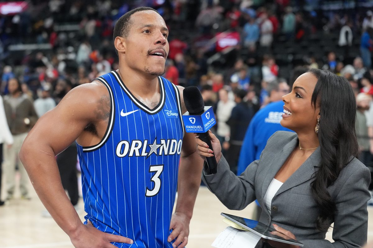 Feb 22, 2026; Inglewood, California, USA; Orlando Magic guard Desmond Bane (3) is interviewed by FanDuel Sports Network reporter Kendra Douglas after the game against the LA Clippers at Intuit Dome. Mandatory Credit: Kirby Lee-Imagn Images