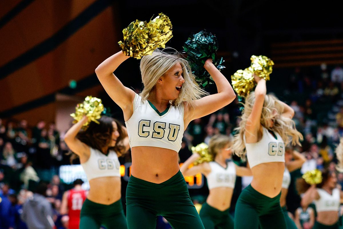 Feb 24, 2026; Fort Collins, Colorado, USA; Colorado State Rams cheerleaders in the second half against the Fresno State Bulldogs at Moby Arena. Mandatory Credit: Isaiah J. Downing-Imagn Images