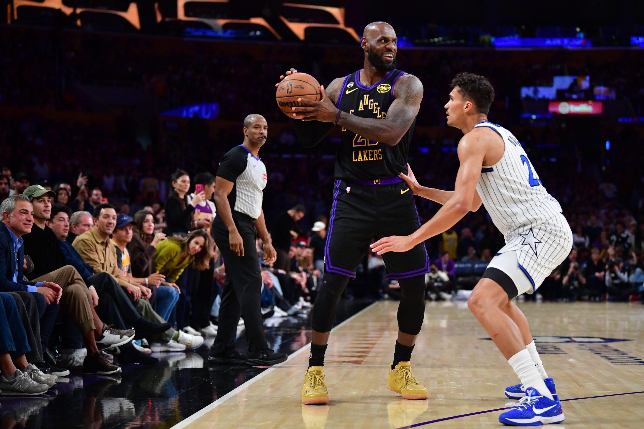 Feb 24, 2026; Los Angeles, California, USA; Los Angeles Lakers forward LeBron James (23) controls the ball against Orlando Magic forward Tristan da Silva (23) during the second half at Crypto.com Arena. Mandatory Credit: Gary A. Vasquez-Imagn Images