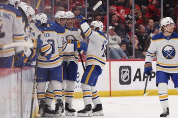 Feb 25, 2026; Newark, New Jersey, USA; Buffalo Sabres center Tage Thompson (72) celebrates his goal against the New Jersey Devils during the second period at Prudential Center. Mandatory Credit: Ed Mulholland-Imagn Images