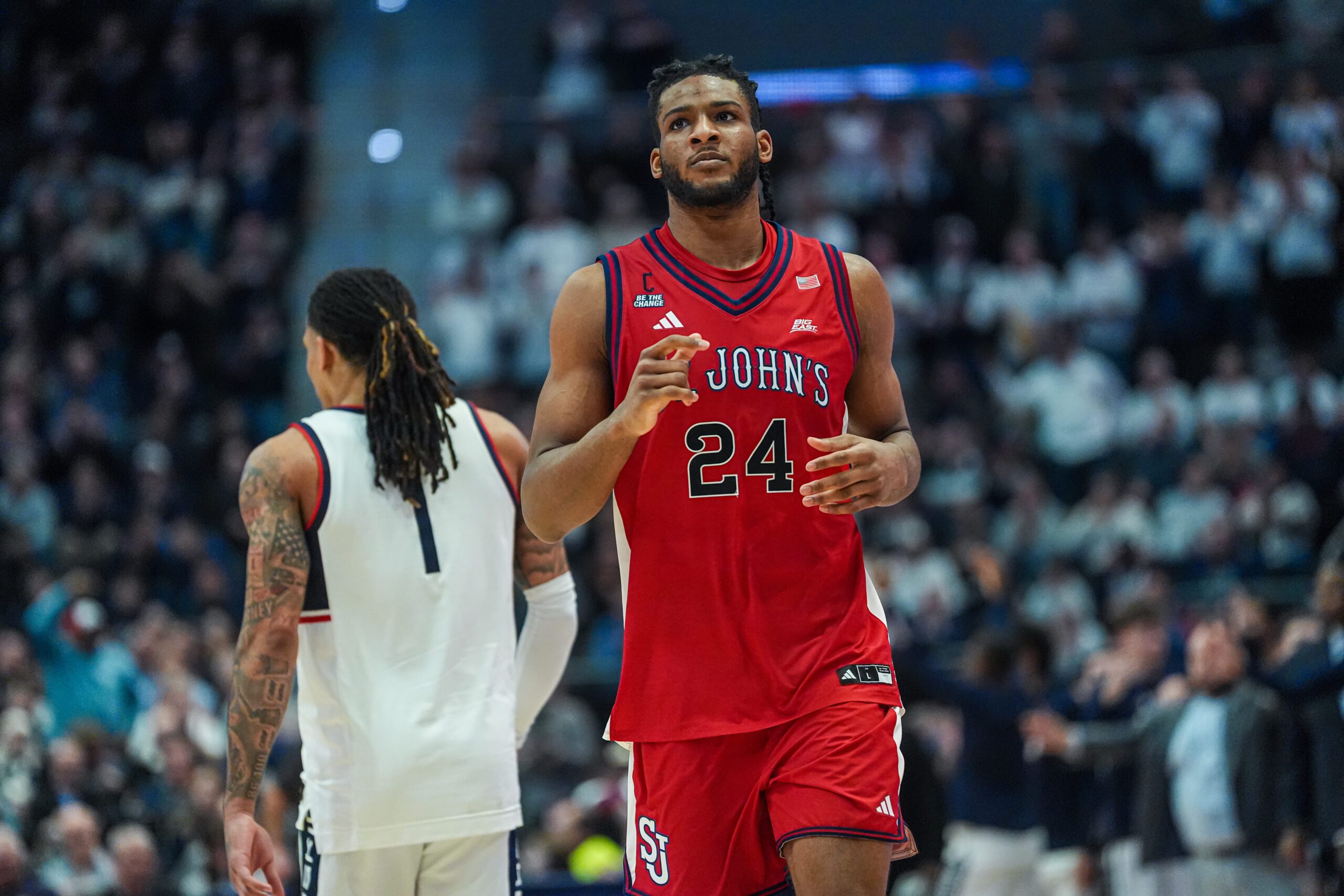 Feb 25, 2026; Hartford, Connecticut, USA; St. John's Red Storm forward Zuby Ejiofor (24) returns up court against the UConn Huskies in the second half at PeoplesBank Arena. Mandatory Credit: David Butler II-Imagn Images