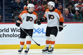 Feb 25, 2026; Washington, District of Columbia, USA; Philadelphia Flyers right wing Matvei Michkov (39) celebrates with left wing Noah Cates (27) after scoring a goal against the Washington Capitals during the third period at Capital One Arena. Mandatory Credit: Hannah Foslien-Imagn Images