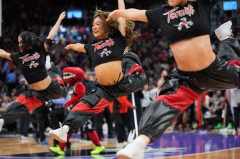 Feb 25, 2026; Toronto, Ontario, CAN; The Toronto Raptors dance team performs during a break in the action against the Detroit Pistons during the second half at Scotiabank Arena. Mandatory Credit: John E. Sokolowski-Imagn Images