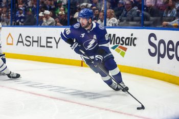 Feb 25, 2026; Tampa, Florida, USA; Tampa Bay Lightning forward Nikita Kucherov (86) handles the puck against the Toronto Maple Leafs during the third period at Benchmark International Arena. Mandatory Credit: Morgan Tencza-Imagn Images