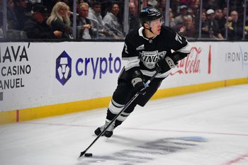 Feb 25, 2026; Los Angeles, California, USA; Los Angeles Kings left wing Artemi Panarin (72) controls the puck against the Vegas Golden Knights during the second period at Crypto.com Arena. Mandatory Credit: Gary A. Vasquez-Imagn Images