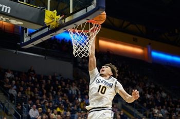 Feb 25, 2026; Berkeley, California, USA; California Golden Bears guard Justin Pippen (10) shoots the ball against the SMU Mustangs during the second half at Haas Pavilion. Mandatory Credit: Robert Edwards-Imagn Images