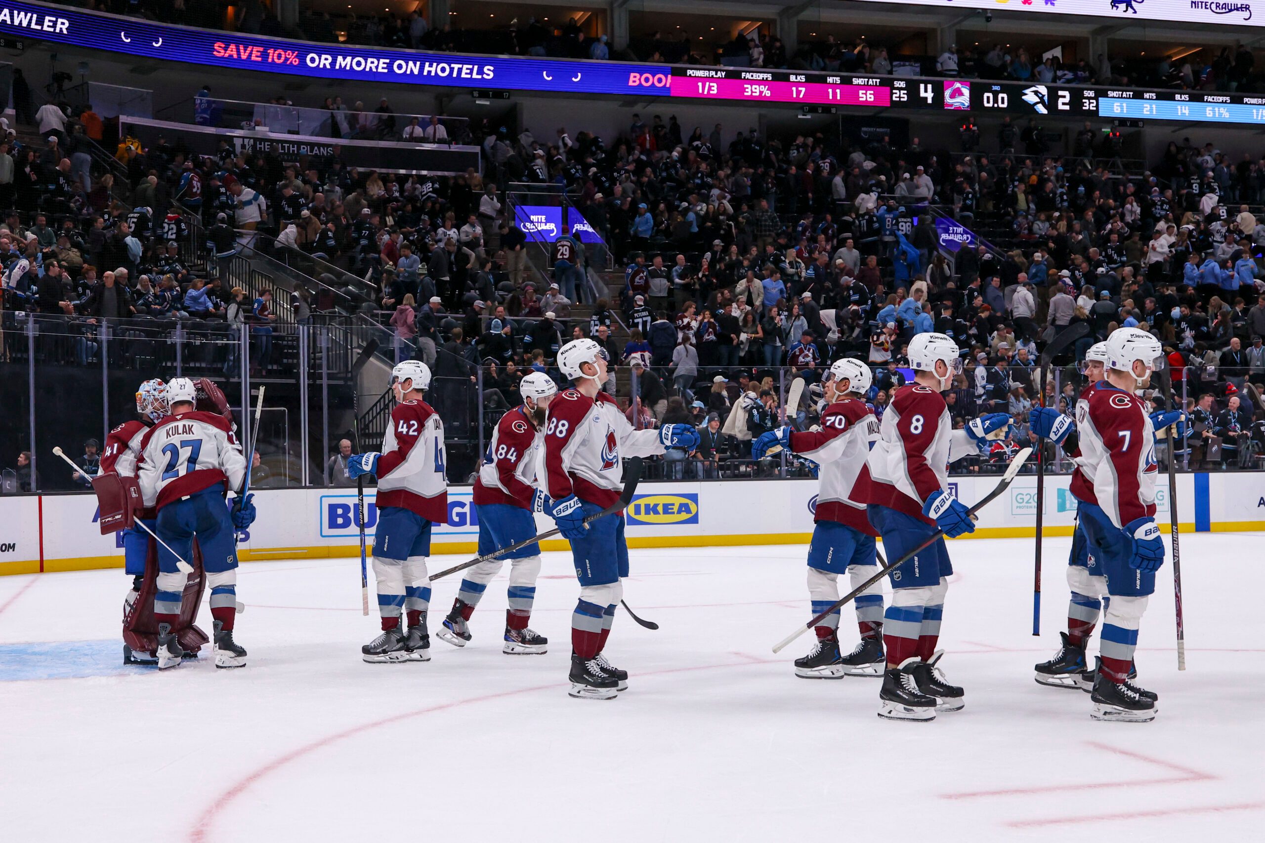 Feb 25, 2026; Salt Lake City, Utah, USA; The Colorado Avalanche celebrate a win over the Utah Mammoth after the game at Delta Center. Mandatory Credit: Rob Gray-Imagn Images