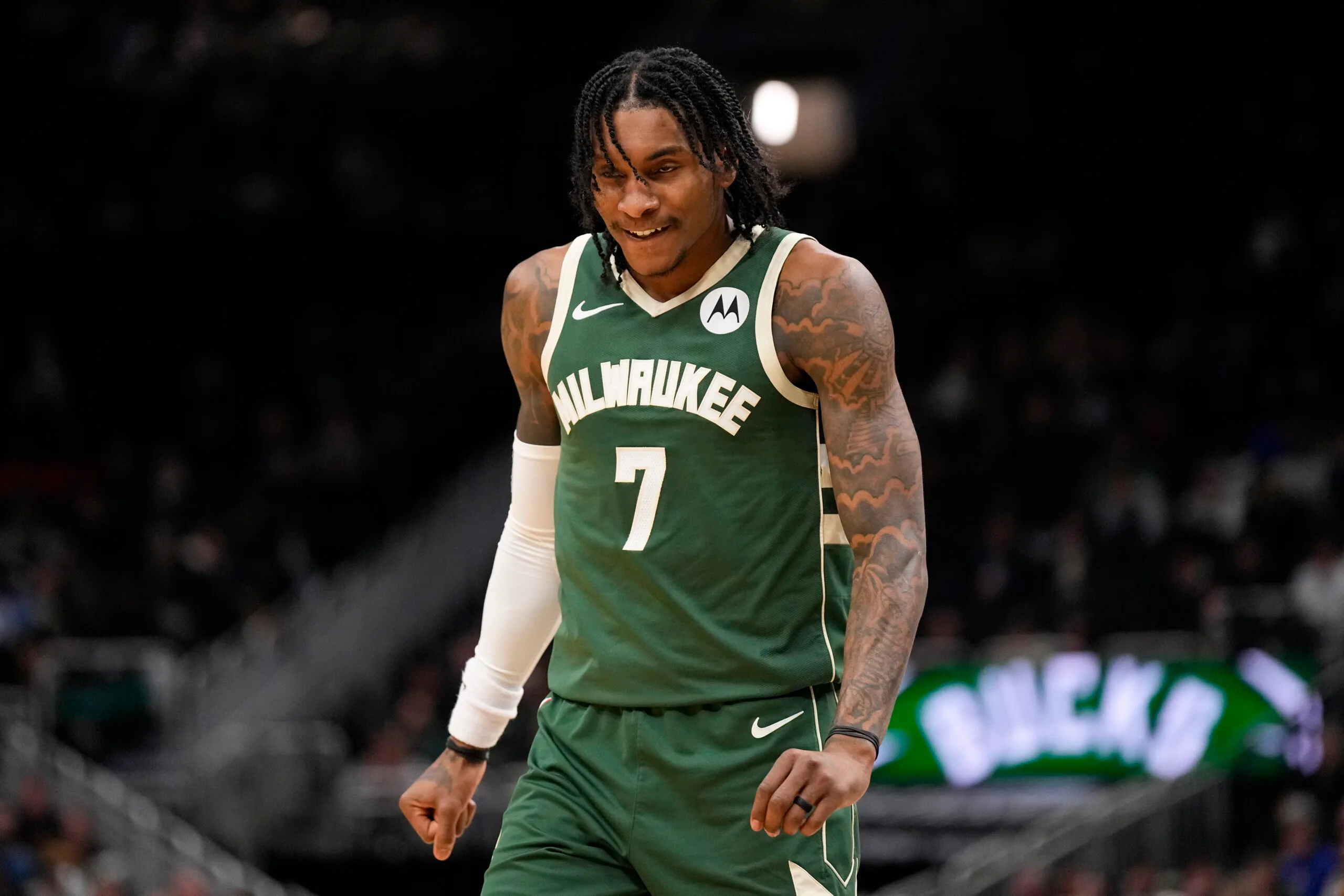 Feb 25, 2026; Milwaukee, Wisconsin, USA;  Milwaukee Bucks guard Kevin Porter Jr. (7) during the game against the Cleveland Cavaliers at Fiserv Forum. Mandatory Credit: Jeff Hanisch-Imagn Images