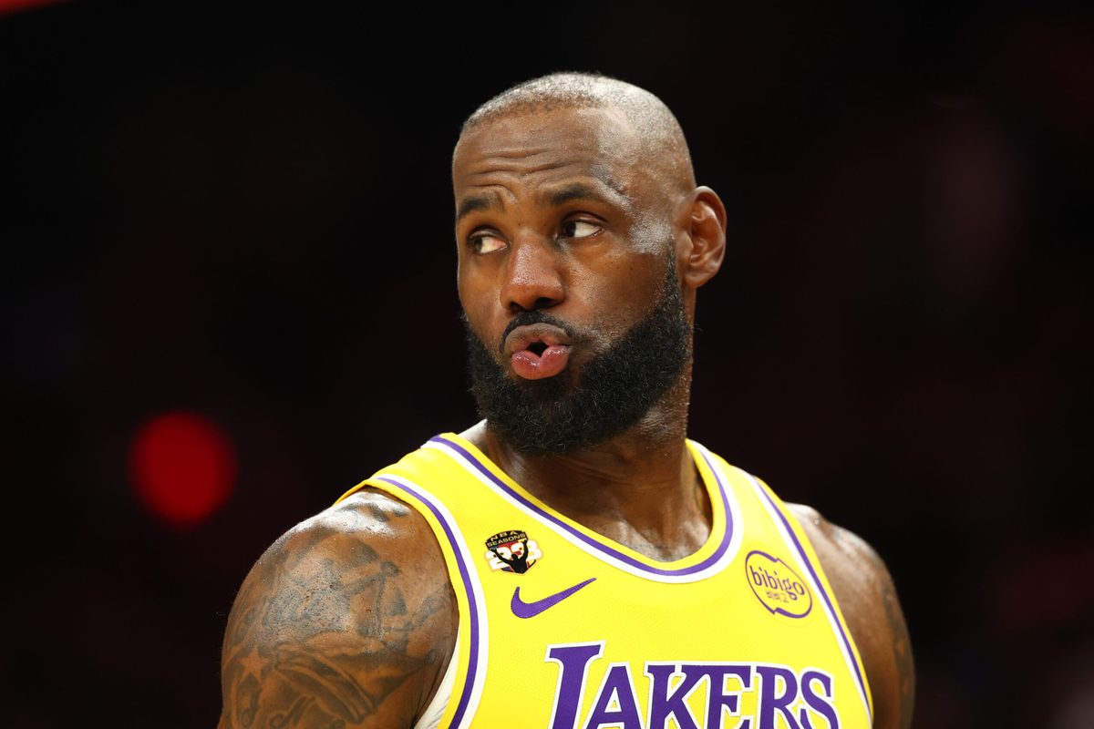Feb 26, 2026; Phoenix, Arizona, USA; Los Angeles Lakers forward LeBron James (23) against the Phoenix Suns in the second half at Mortgage Matchup Center. Mandatory Credit: Mark J. Rebilas-Imagn Images