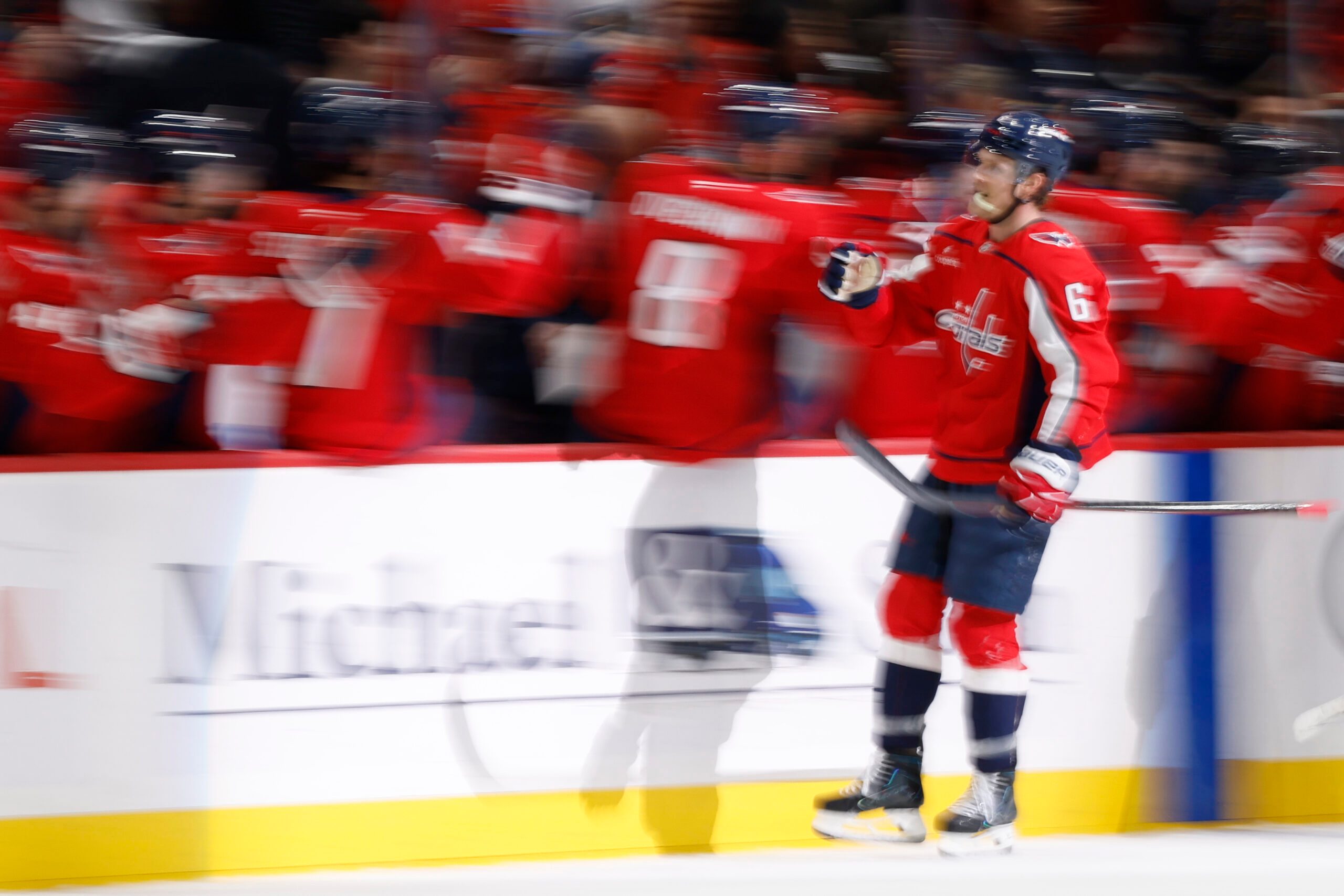 Feb 27, 2026; Washington, District of Columbia, USA; Washington Capitals defenseman Jakob Chychrun (6) celebrates with teammates after scoring a goal against the Vegas Golden Knights during the second period at Capital One Arena. Mandatory Credit: Geoff Burke-Imagn Images