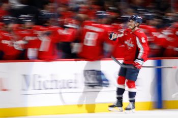 Feb 27, 2026; Washington, District of Columbia, USA; Washington Capitals defenseman Jakob Chychrun (6) celebrates with teammates after scoring a goal against the Vegas Golden Knights during the second period at Capital One Arena. Mandatory Credit: Geoff Burke-Imagn Images