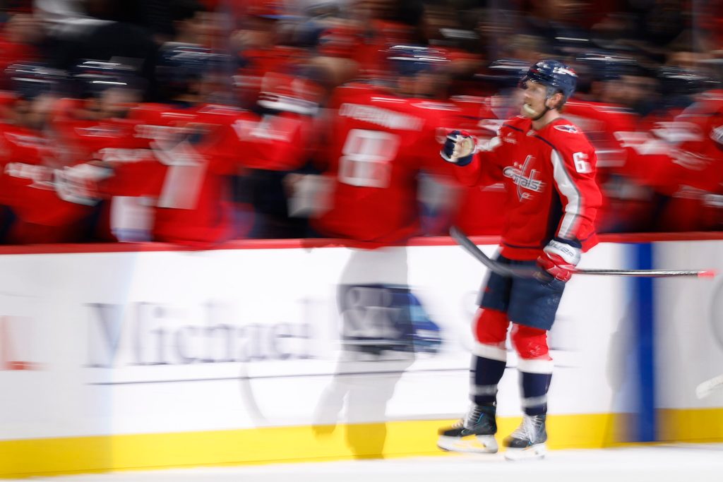 Feb 27, 2026; Washington, District of Columbia, USA; Washington Capitals defenseman Jakob Chychrun (6) celebrates with teammates after scoring a goal against the Vegas Golden Knights during the second period at Capital One Arena. Mandatory Credit: Geoff Burke-Imagn Images