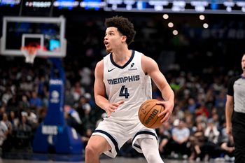 Feb 27, 2026; Dallas, Texas, USA; Memphis Grizzlies guard Walter Clayton Jr. (4) brings the ball up court against the Dallas Mavericks during the second half at the American Airlines Center. Mandatory Credit: Jerome Miron-Imagn Images