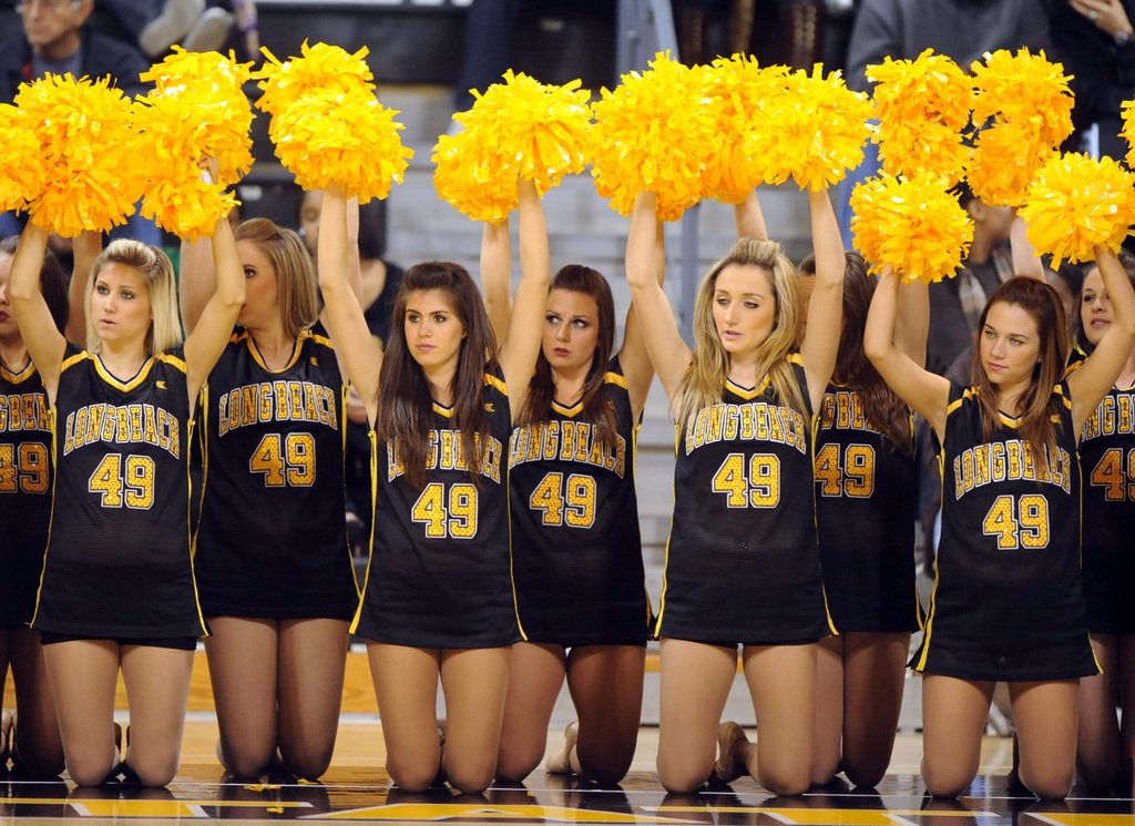 Dec 3, 2009; Long Beach, CA, USA; Cheerleaders for the Long Beach State 49ers watch during the game against the Southern California Trojans at the Walter Pyramid. USC defeated Long Beach State 83-77. Mandatory Credit: Kirby Lee/Image of Sport-Imagn Images