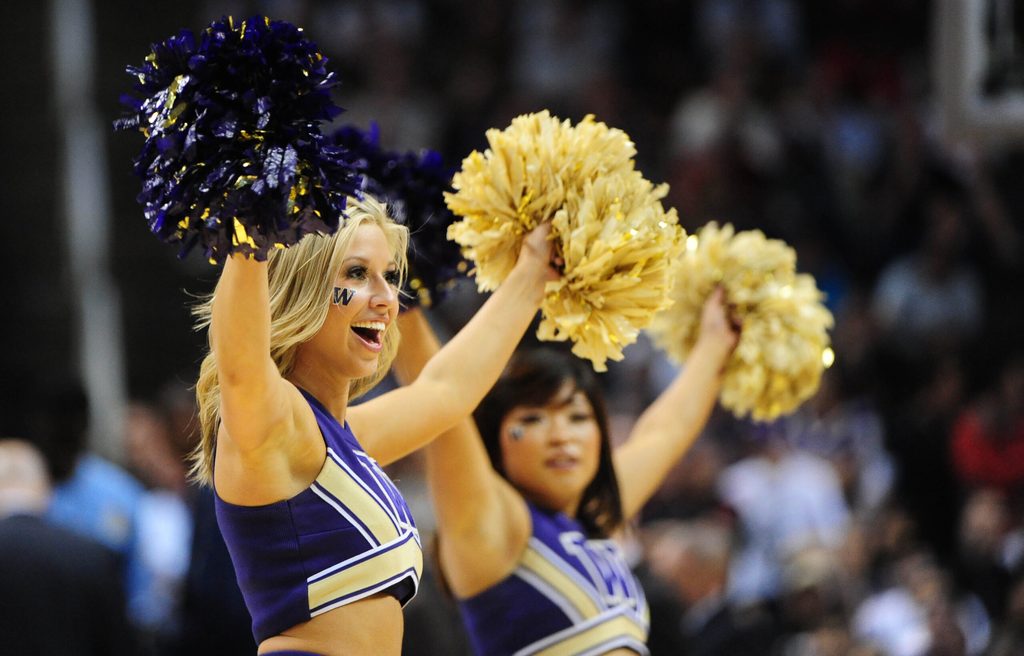 March 18, 2010; San Jose, CA, USA; Washington Huskies cheerleaders perform during the second half against the Marquette Golden Eagles in the first round of the 2010 NCAA mens basketball tournament at HP Pavilion. The Huskies defeated the Golden Eagles 80-78. Mandatory Credit: Kyle Terada-Imagn Images