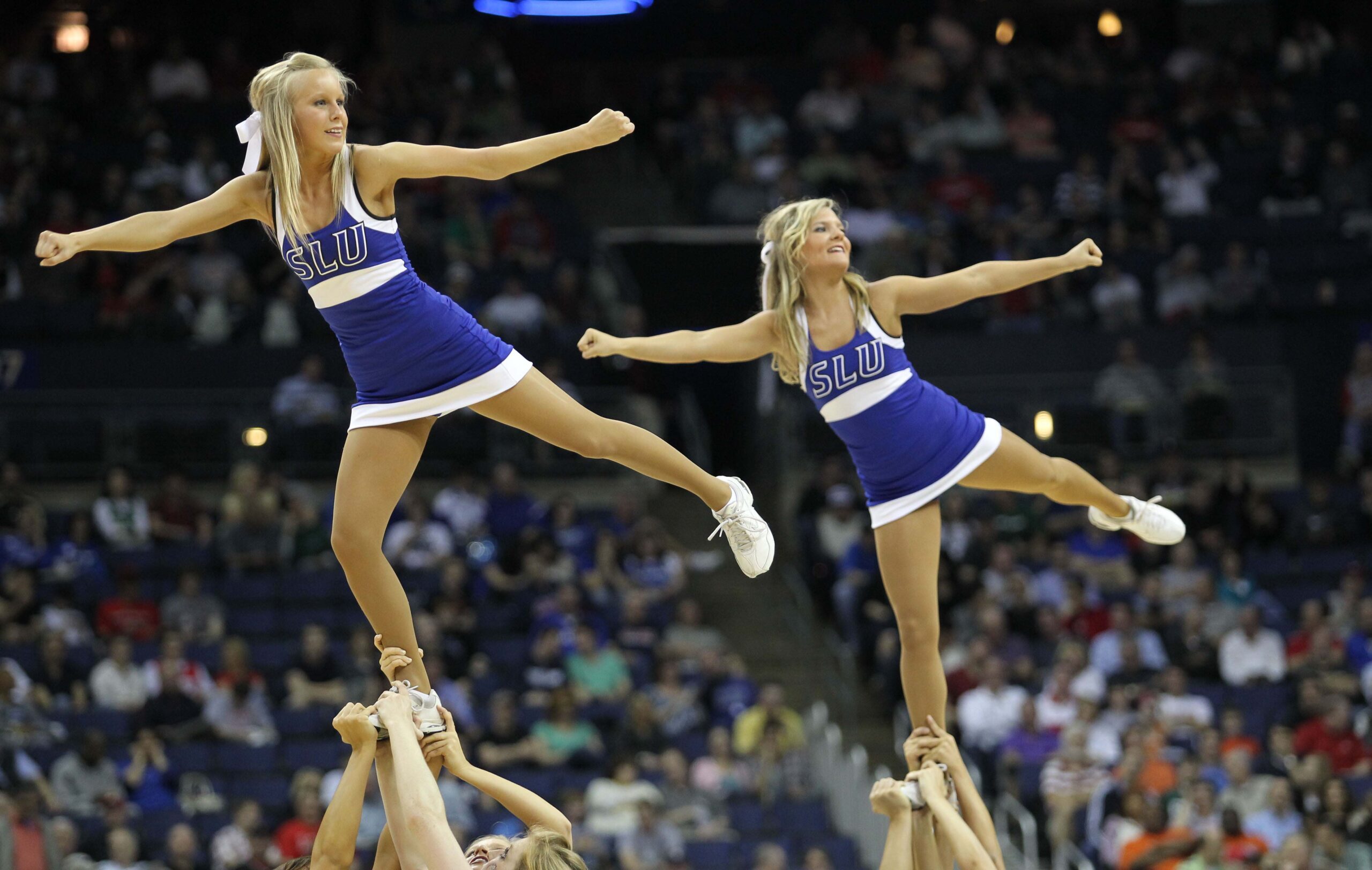 Mar 16, 2012; Columbus, OH, USA; Saint Louis Billikens cheerleaders perform during a timeout from the game against the Memphis Tigers during the second round in the 2012 NCAA men's basketball tournament at Nationwide Arena.  Mandatory Credit: Greg Bartram-Imagn Images