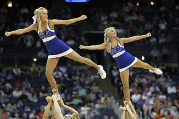 Mar 16, 2012; Columbus, OH, USA; Saint Louis Billikens cheerleaders perform during a timeout from the game against the Memphis Tigers during the second round in the 2012 NCAA men's basketball tournament at Nationwide Arena.  Mandatory Credit: Greg Bartram-Imagn Images