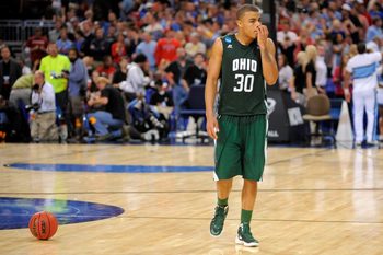 Mar 23, 2012; St. Louis, MO, USA; Ohio Bobcats forward Reggie Keely (30) reacts after the game against the North Carolina Tar Heels in semifinals in the midwest region of the 2012 NCAA men's basketball tournament at the Edward Jones Dome. North Carolina won 73-65. Mandatory Credit: Jeff Curry-Imagn Images