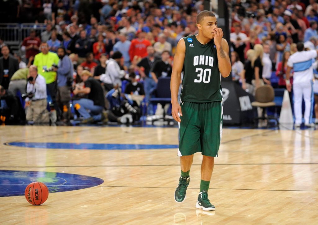 Mar 23, 2012; St. Louis, MO, USA; Ohio Bobcats forward Reggie Keely (30) reacts after the game against the North Carolina Tar Heels in semifinals in the midwest region of the 2012 NCAA men's basketball tournament at the Edward Jones Dome. North Carolina won 73-65. Mandatory Credit: Jeff Curry-Imagn Images