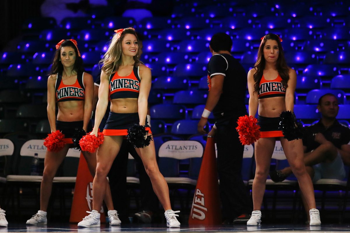 Nov 28, 2013; Paradise Island, BAHAMAS; UTEP Miners cheerleades perform during the game against the Tennessee Volunteers at the 2013 Battle 4 Atlantis in the Imperial Arena at the Atlantis Resort. Mandatory Credit: Kevin Jairaj-Imagn Images