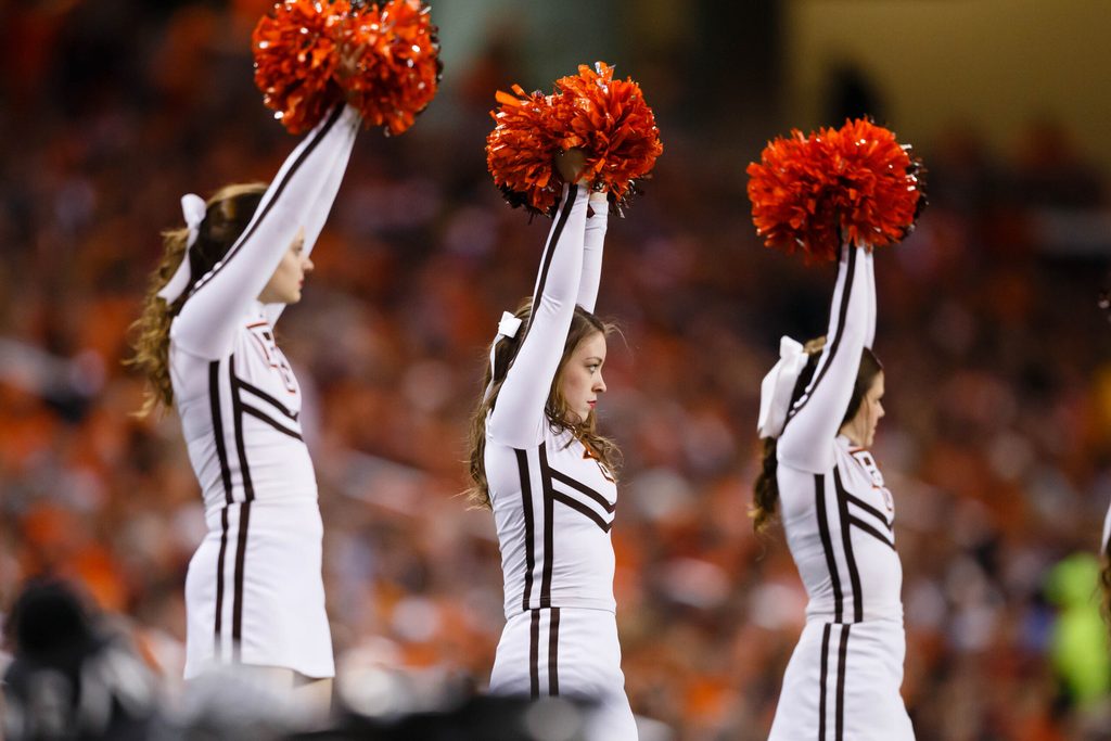 Dec 26, 2013; Detroit, MI, USA; Bowling Green Falcons cheerleaders cheer against the Pittsburgh Panthers during the Little Caesars Pizza Bowl at Ford Field. Mandatory Credit: Rick Osentoski-Imagn Images