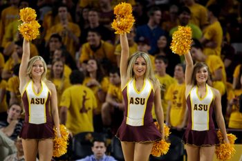 Feb 26, 2014; Tempe, AZ, USA; Arizona State Sun Devils cheerleaders perform during the first half against the Stanford Cardinal at Wells Fargo Arena. Mandatory Credit: Rick Scuteri-Imagn Images