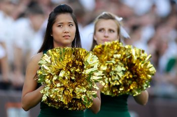 Aug 30, 2014; Blacksburg, VA, USA; William & Mary Tribe cheerleaders during the game against the Virginia Tech Hokies at Lane Stadium. Mandatory Credit: Peter Casey-Imagn Images