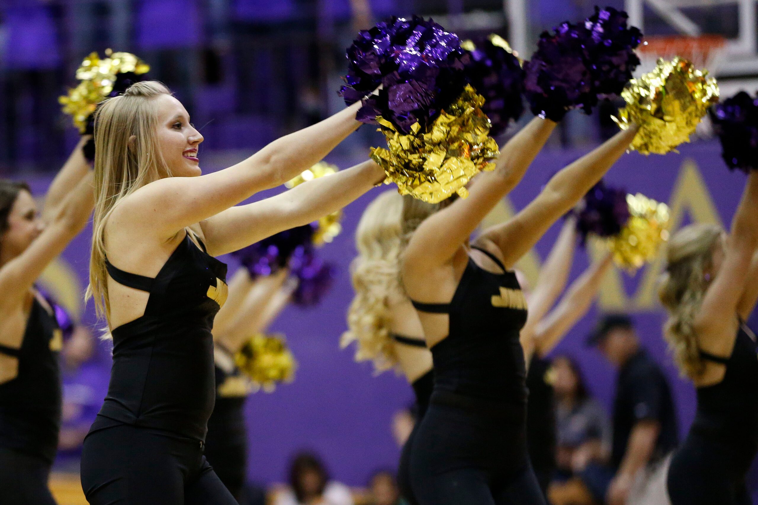 Nov 14, 2014; Harrisonburg, VA, USA; A James Madison Dukes cheerleader dances on the court during a stoppage in play against the Virginia Cavaliers at JMU Convocation Center. The Cavaliers won 79-51. Mandatory Credit: Amber Searls-Imagn Images