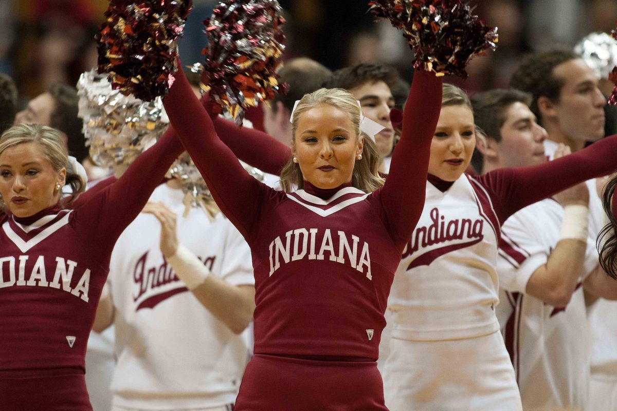 Nov 22, 2014; Bloomington, IN, USA;  Indiana Hoosiers cheerleaders pep up the crowd during a timeout  in the game against the Lamar Cardinals at Assembly Hall. Indiana Hoosiers beat Lamar Cardinals by the score of 85-72. Mandatory Credit: Trevor Ruszkowski-Imagn Images