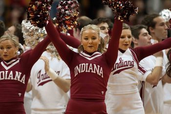Nov 22, 2014; Bloomington, IN, USA;  Indiana Hoosiers cheerleaders pep up the crowd during a timeout  in the game against the Lamar Cardinals at Assembly Hall. Indiana Hoosiers beat Lamar Cardinals by the score of 85-72. Mandatory Credit: Trevor Ruszkowski-Imagn Images
