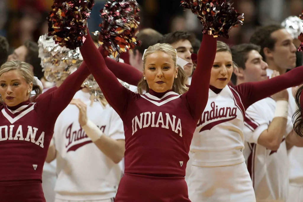 Nov 22, 2014; Bloomington, IN, USA; Indiana Hoosiers cheerleaders pep up the crowd during a timeout in the game against the Lamar Cardinals at Assembly Hall. Indiana Hoosiers beat Lamar Cardinals by the score of 85-72. Mandatory Credit: Trevor Ruszkowski-Imagn Images
