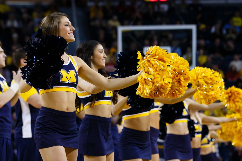 Jan 27, 2015; Ann Arbor, MI, USA; Michigan Wolverines cheerleaders during a time out in the second half against the Nebraska Cornhuskers at Crisler Center. Mandatory Credit: Rick Osentoski-Imagn Images