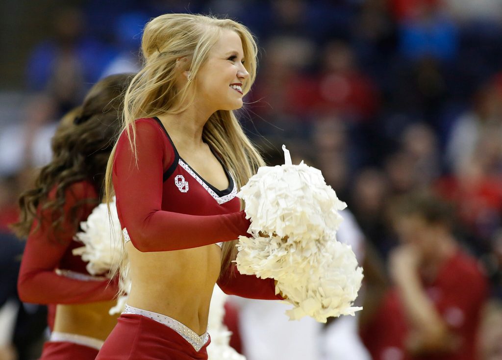 Mar 20, 2015; Columbus, OH, USA; Oklahoma Sooners cheerleaders during the first half against the Albany Great Danes in the second round of the 2015 NCAA Tournament at Nationwide Arena. Mandatory Credit: Joe Maiorana-Imagn Images