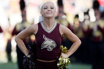 Sep 19, 2015; San Marcos, TX, USA; Texas State Bobcats cheerleader performs before the game against the Southern Mississippi Golden Eagles at Bobcat Stadium. Mandatory Credit: Soobum Im-Imagn Images