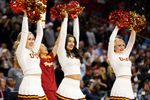 Mar 17, 2016; Raleigh, NC, USA; USC Trojans cheerleaders perform on the court prior to the game against the Providence Friars at PNC Arena. Mandatory Credit: Geoff Burke-Imagn Images
