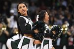 March 18, 2016; Spokane , WA, USA; Hawaii Rainbow Warriors cheerleaders perform during a stoppage in play during the first half of the first round of the 2016 NCAA Tournament at Spokane Veterans Memorial Arena. Mandatory Credit: Kyle Terada-Imagn Images