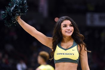 March 18, 2016; Spokane , WA, USA; Oregon Ducks cheerleader performs during the first half at Spokane Veterans Memorial Arena. Mandatory Credit: Kyle Terada-Imagn Images