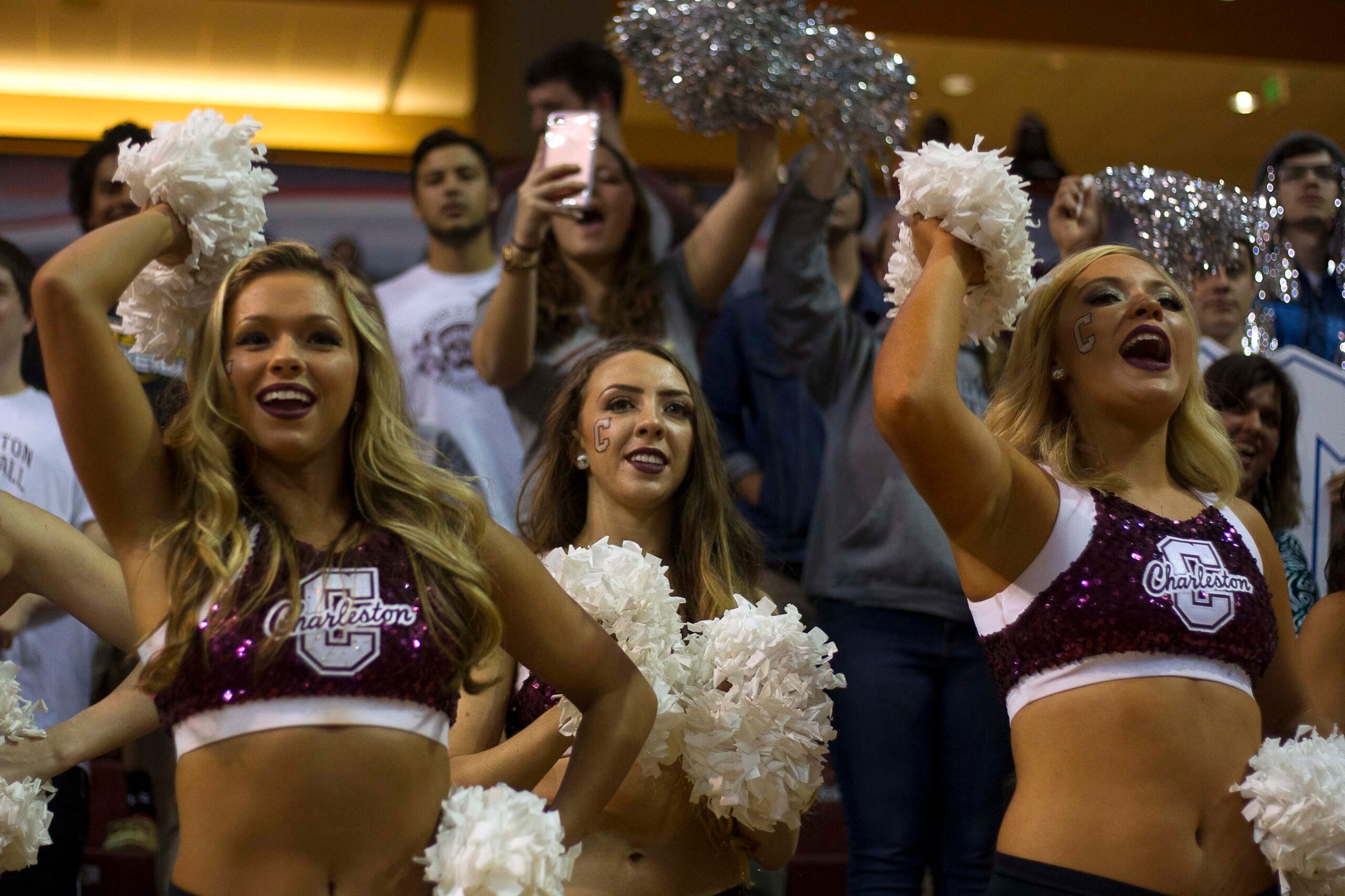 Nov 17, 2016; Charleston, SC, USA; Charleston Cougars cheerleaders cheer during the second half of the fourth game of the Charleston Classic against the Boise State Broncos at TD Arena. Cougars won 60-47. Mandatory Credit: Joshua S. Kelly-Imagn Images