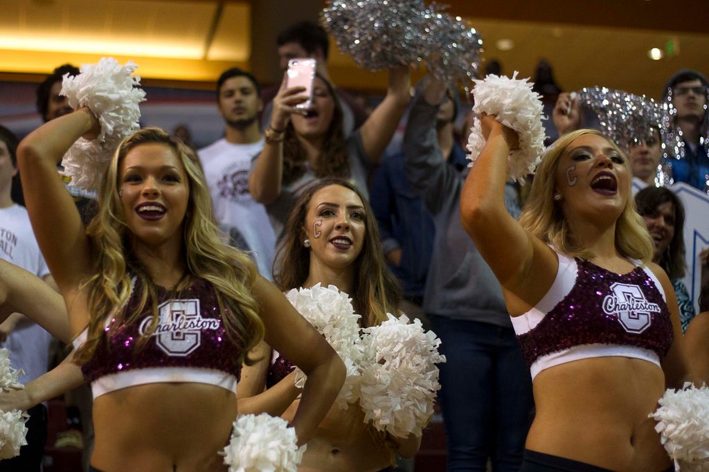 Nov 17, 2016; Charleston, SC, USA; Charleston Cougars cheerleaders cheer during the second half of the fourth game of the Charleston Classic against the Boise State Broncos at TD Arena. Cougars won 60-47. Mandatory Credit: Joshua S. Kelly-Imagn Images