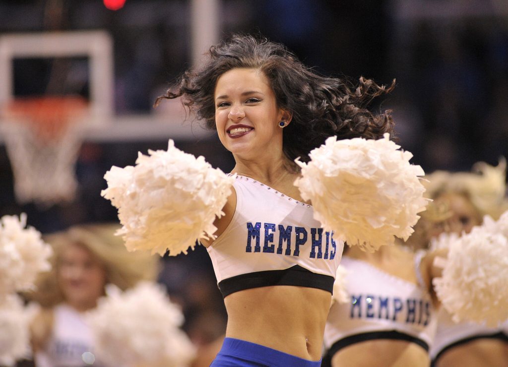 Jan 28, 2017; Memphis, TN, USA; Memphis Tigers cheerleaders perform during the second half against the East Carolina Pirates at FedExForum. Memphis Tigers defeated the East Carolina Pirates 57-50. Mandatory Credit: Justin Ford-Imagn Images