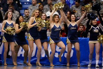 Mar 15, 2017; Dayton, OH, USA; UC Davis Aggies cheerleaders in the first half against the North Carolina Central Eagles in the first four of the 2017 NCAA Tournament at Dayton Arena. Mandatory Credit: Rick Osentoski-Imagn Images
