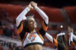 Feb 21, 2018; Stillwater, OK, USA; Oklahoma State Cowboys cheerleader during the game against the Texas Tech Red Raiders at Gallagher-Iba Arena. Mandatory Credit: Rob Ferguson-Imagn Images
